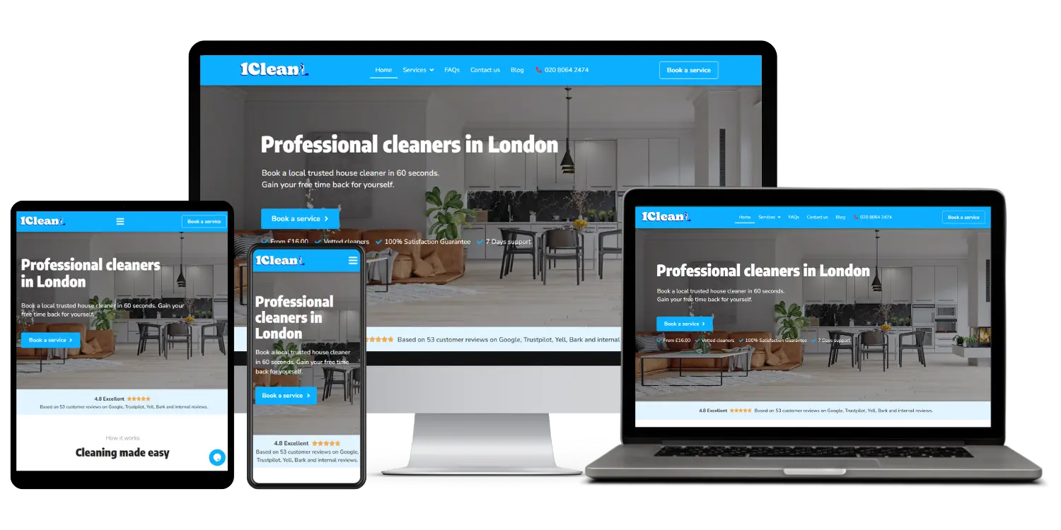 Image showing the responsive design on mobile, tablet, laptop and desktop screen for 1Clean.