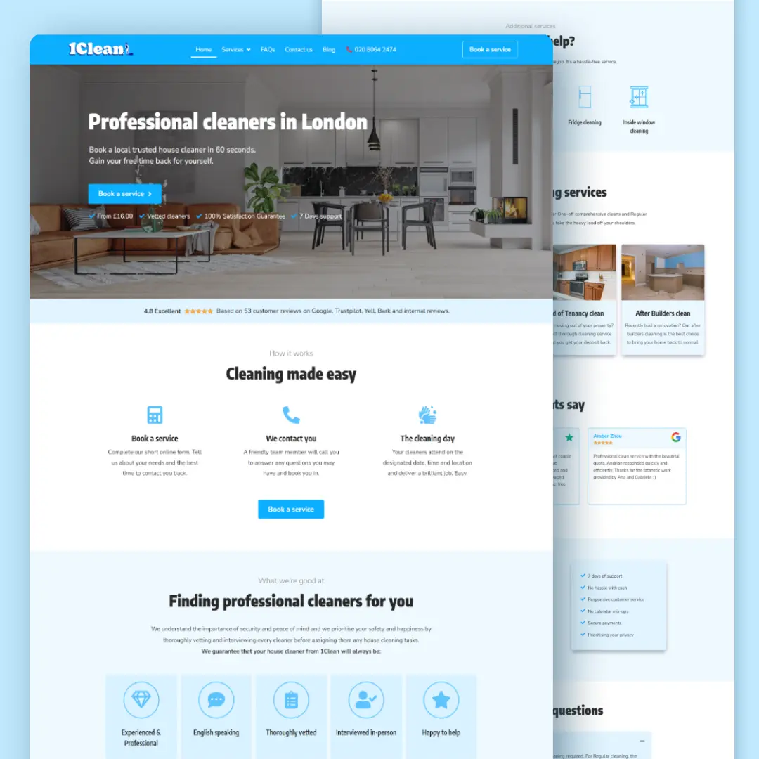 Cleaning service website design for 1Clean. Our web design and seo specialists completely rebranded and optimised the website.