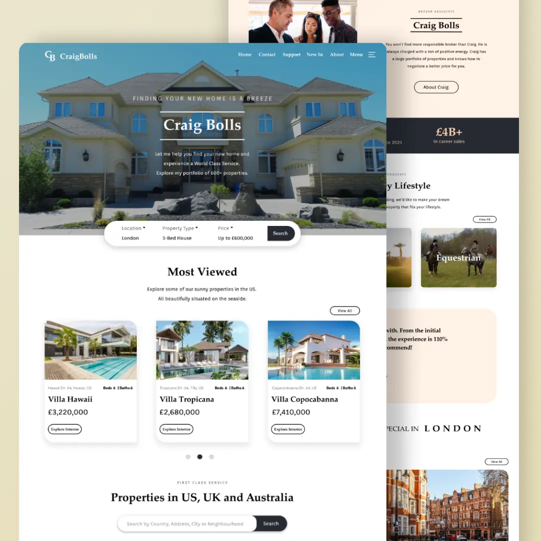 Real estate business web design strategically structured to provide positive UX and convey trust to potential property buyers.