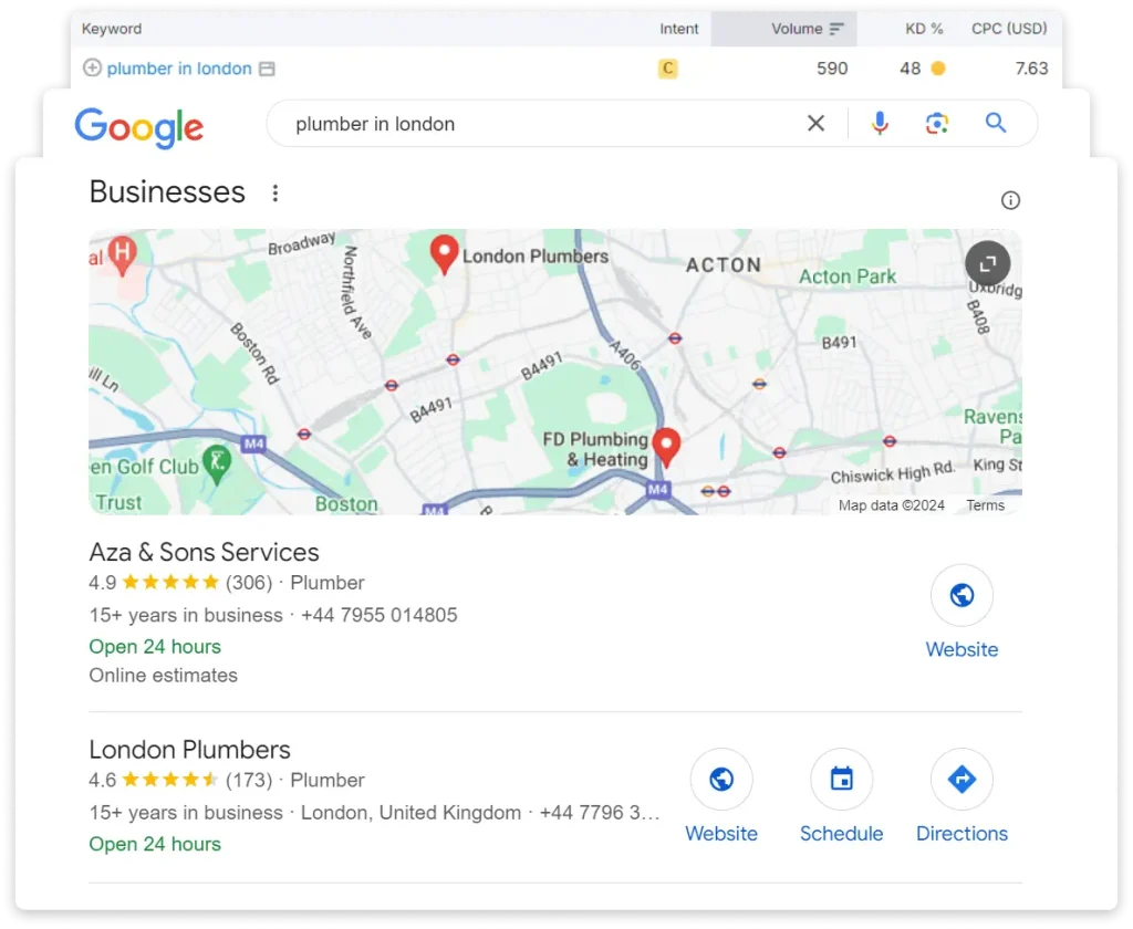 A screenshot of a client's plumbing business ranking on Google during a local SEO London campaign.