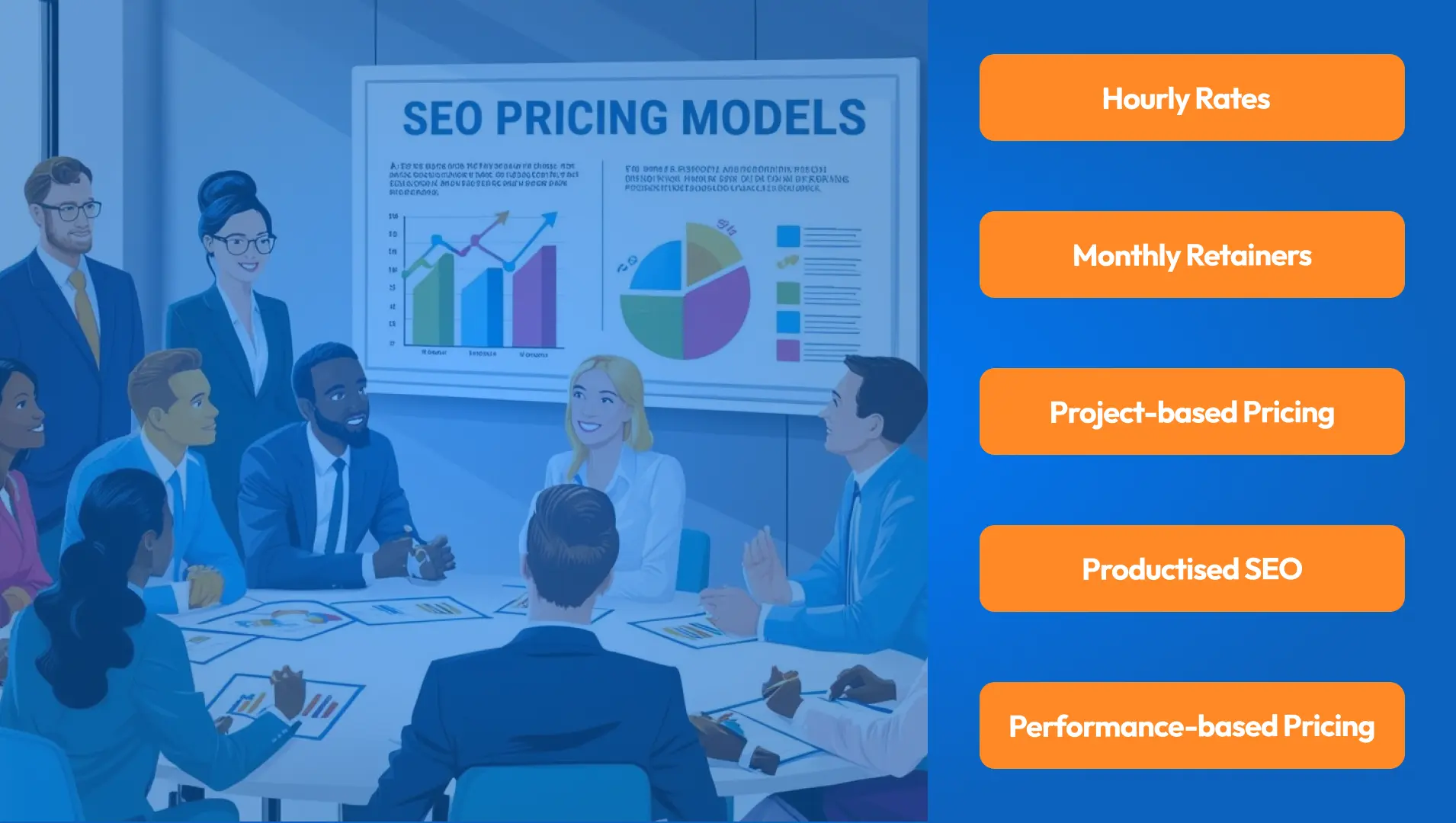 Group of people in a business setting discussing different how much does SEO cost UK and looking at SEO pricing models.