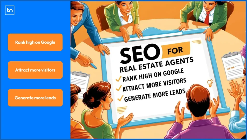 Team of real estate agents discussing SEO.