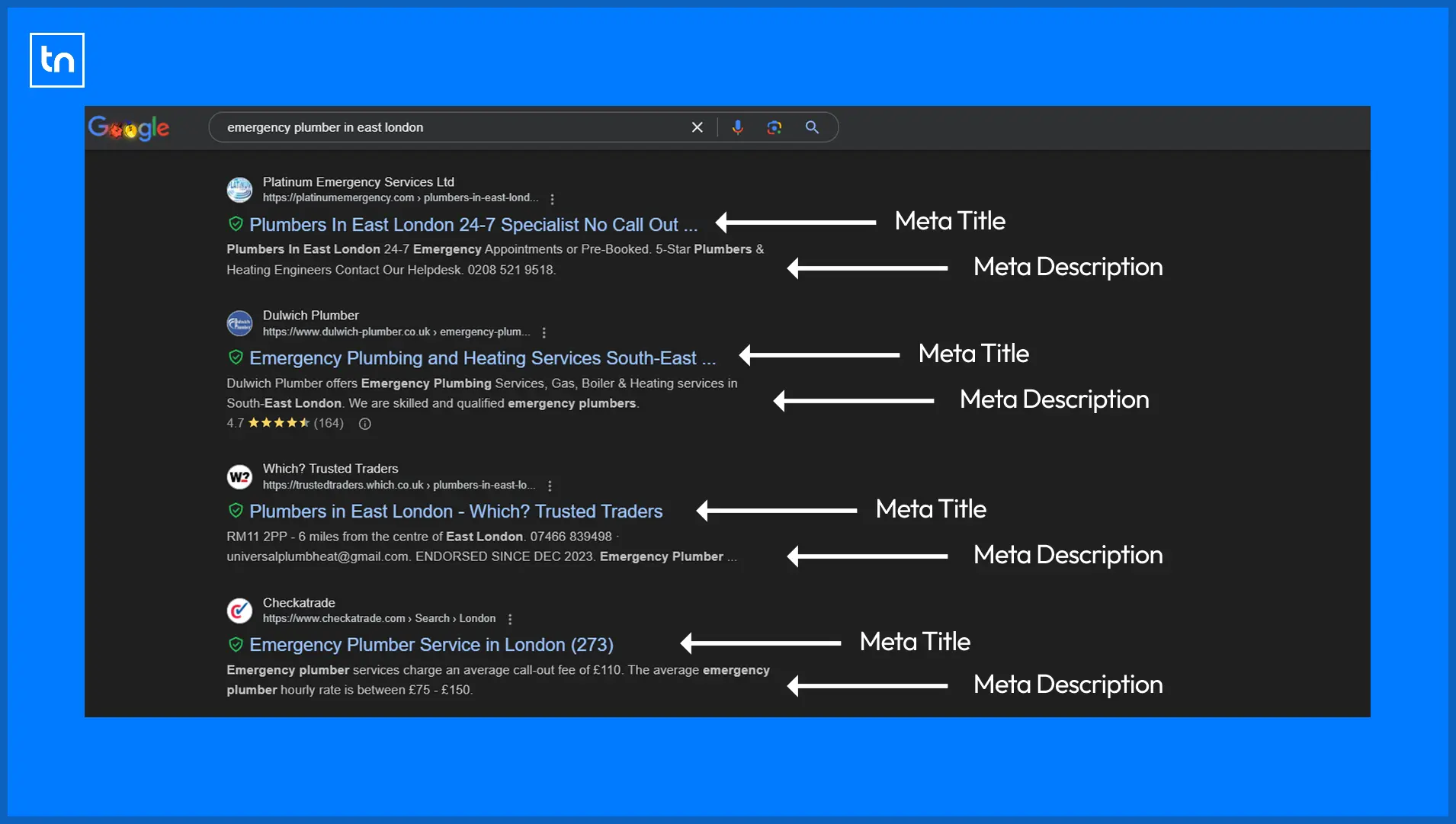 Image demonstrating what is meta title and meta description in plumbers SEO.