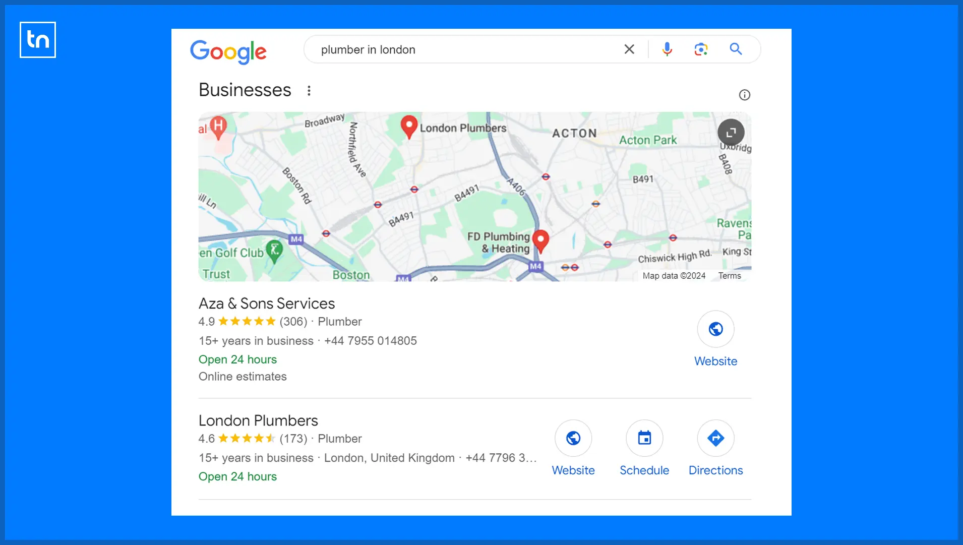 Google maps ranking for a plumbing business that ranks 1st for "plumber in london".