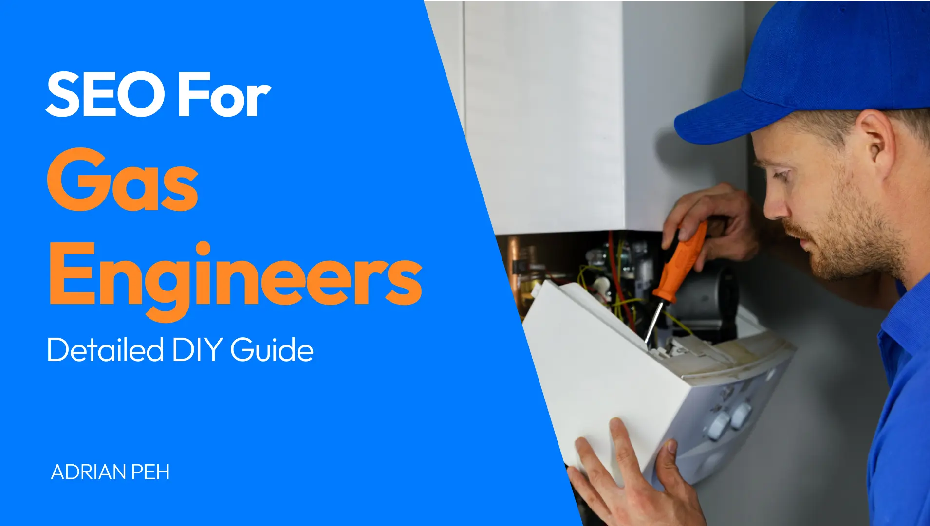 Gas engineer dressed with blue hat and blue polo shirt working on a boiler.