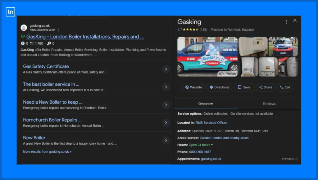 Local gas engineering business profile on Google. Demonstrating what a good google business profile looks like.