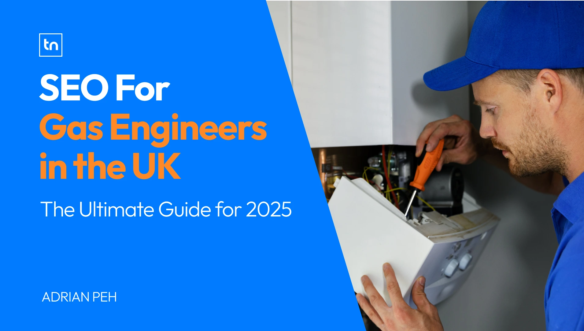 Gas engineer dressed with blue hat and blue polo shirt working on a boiler.