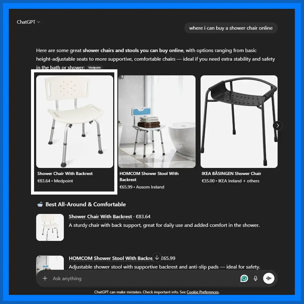 Medpoint ranking 1st for shower chair related term in ChatGPT AI search