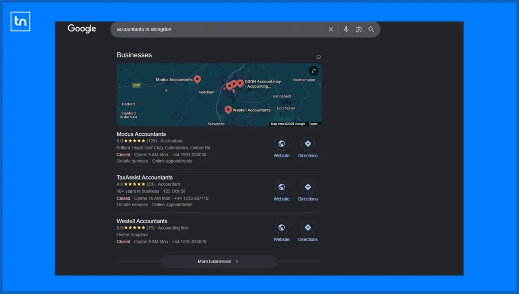 Image showing top ranking websites in the local map pack for the query "accountants in Abingdon". This is a city in Oxfordshire, UK.