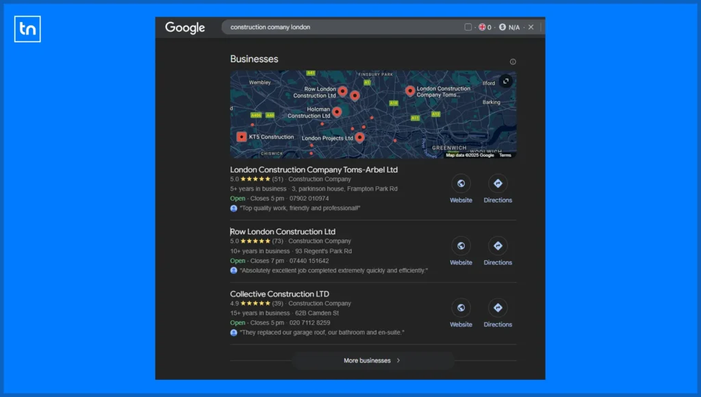 example of how search looks for local businesses in the UK currently