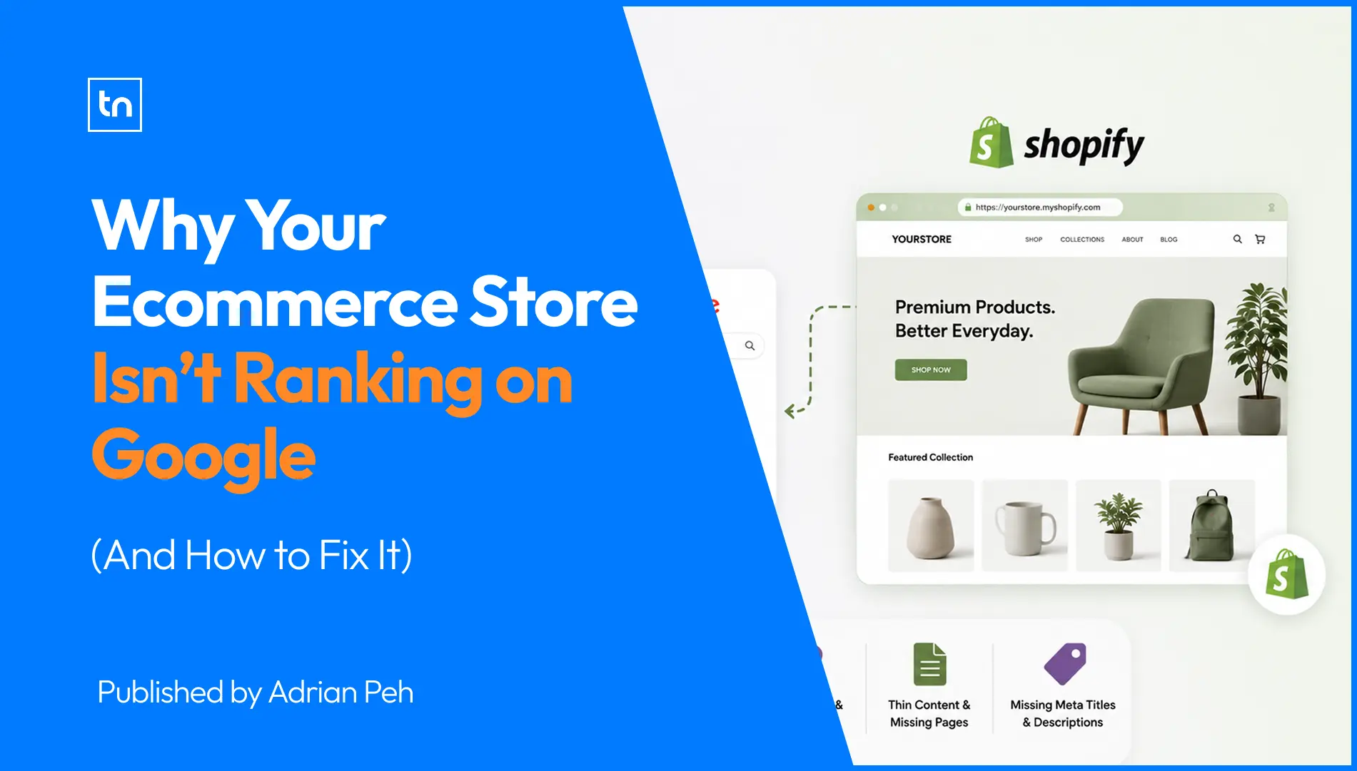 Image showing a shopify store and a thumbnail of the article in blue colour