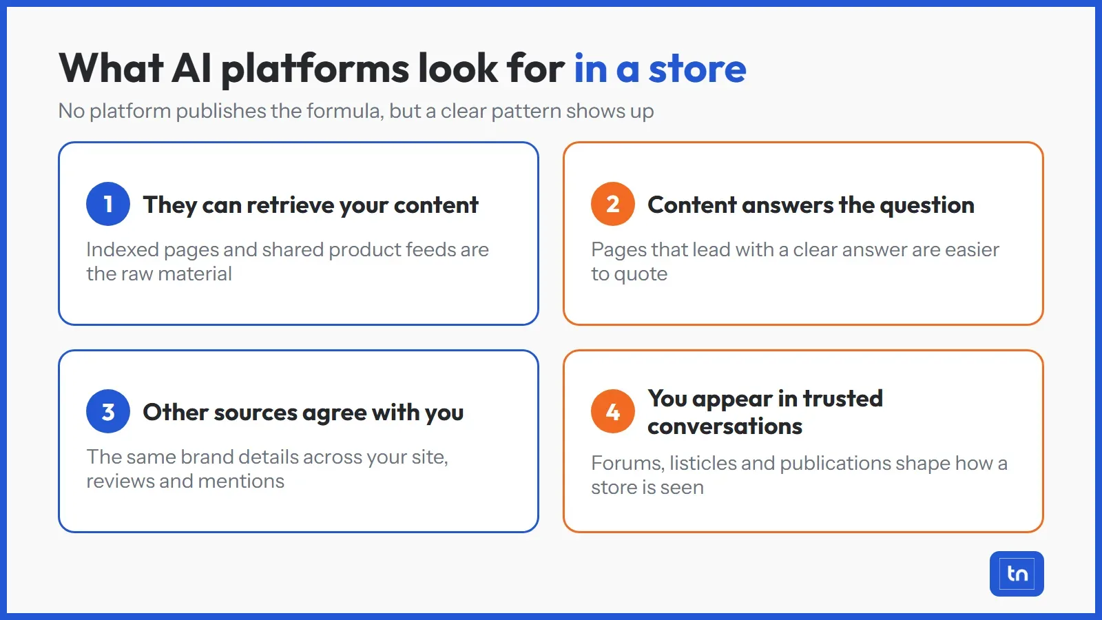 Four signals AI platforms tend to rely on when choosing which ecommerce stores to recommend